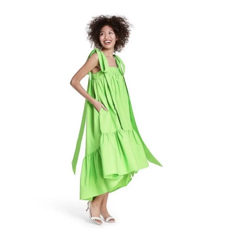 Christopher John Rogers Dress Womens Small Green Strap Tie Midi Babydoll A-Line - Picture 7 of 16